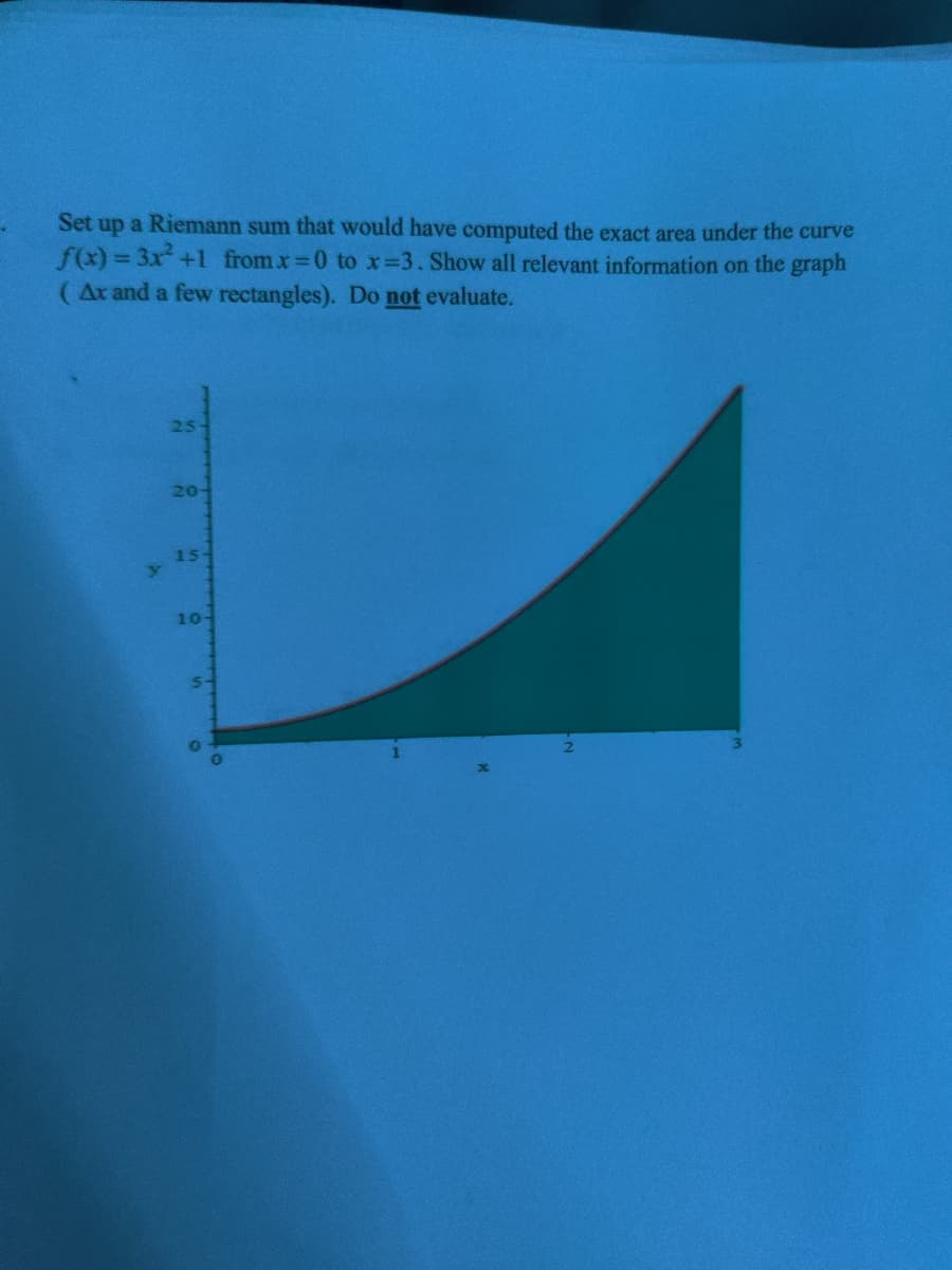 Set up a Riemann sum that would have computed the exact area under the curve
f(x) = 3x+1 fromx 0 tox=3. Show all relevant information on the graph
(Ar and a few rectangles). Do not evaluate.
25
20-
y 1s
10-
