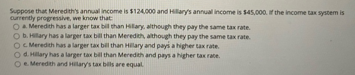 Suppose that Meredith's annual income is $124,000 and Hillary's annual income is $45,000. If the income tax system is
currently progressive, we know that:
O a. Meredith has a larger tax bill than Hillary, although they pay the same tax rate.
b. Hillary has a larger tax bill than Meredith, although they pay the same tax rate.
c. Meredith has a larger tax bill than Hillary and pays a higher tax rate.
d. Hillary has a larger tax bill than Meredith and pays a higher tax rate.
e. Meredith and Hillary's tax bills are equal.