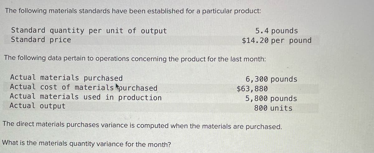 The following materials standards have been established for a particular product:
Standard quantity per unit of output
Standard price
5.4 pounds
$14.20 per pound
The following data pertain to operations concerning the product for the last month:
Actual materials purchased
Actual cost of materials purchased
Actual materials used in production
Actual output
6,300 pounds
$63,880
5,800 pounds
800 units
The direct materials purchases variance is computed when the materials are purchased.
What is the materials quantity variance for the month?

