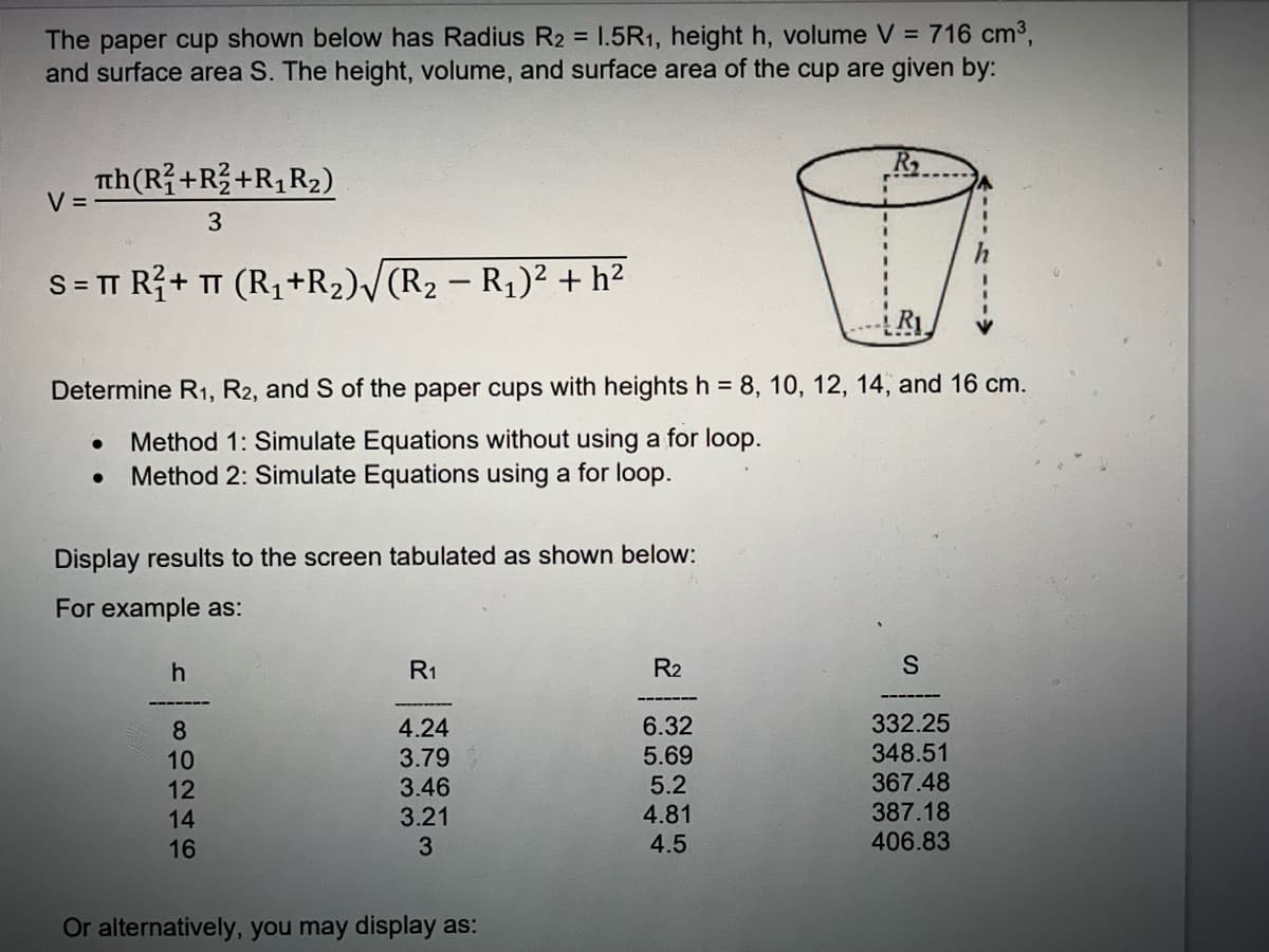The paper cup shown below has Radius R2 = 1.5R1, height h, volume V = 716 cm³,
and surface area S. The height, volume, and surface area of the cup are given by:
V =
Пh (R+R+R₁R₂)
3
S = πT R²+ π (R₁+R2)√(R2 − R₁)² + h²
Determine R1, R2, and S of the paper cups with heights h = 8, 10, 12, 14, and 16 cm.
•
Method 1: Simulate Equations without using a for loop.
Method 2: Simulate Equations using a for loop.
Display results to the screen tabulated as shown below:
For example as:
h
R1
R2
S
8
4.24
6.32
332.25
10
3.79
5.69
348.51
12
3.46
5.2
367.48
14
3.21
4.81
387.18
16
3
4.5
406.83
Or alternatively, you may display as:
