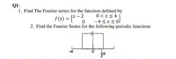 QI:
1. Find The Fourier series for the function defined by
fx -2 0<*<41
0 -4 <x<
2. Find the Fourier Series for the following periodic functions
f(x) = {*
