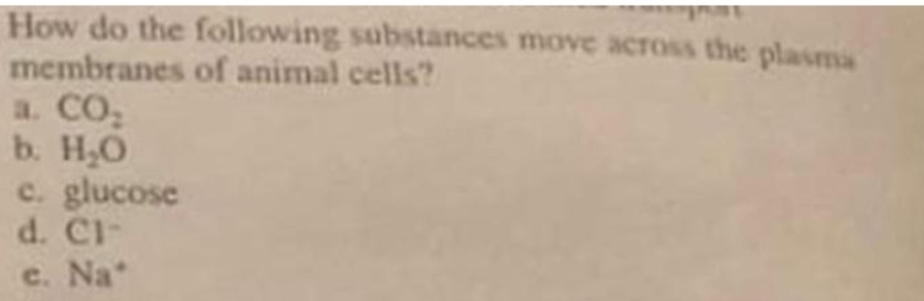 How do the following substances move across the plasma
membranes
of animal cells?
a. CO₂
b. H₂O
c. glucose
d. CI-
e. Na*