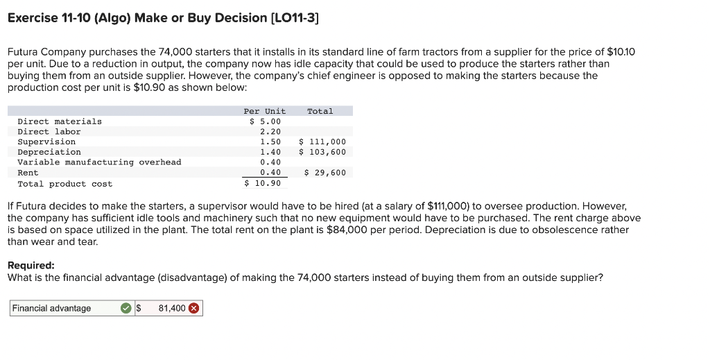 Exercise 11-10 (Algo) Make or Buy Decision [LO11-3]
Futura Company purchases the 74,000 starters that it installs in its standard line of farm tractors from a supplier for the price of $10.10
per unit. Due to a reduction in output, the company now has idle capacity that could be used to produce the starters rather than
buying them from an outside supplier. However, the company's chief engineer is opposed to making the starters because the
production cost per unit is $10.90 as shown below:
Direct materials
Direct labor
Supervision
Depreciation
Variable manufacturing overhead
Rent
Total product cost
Per Unit
Total
$ 5.00
2.20
1.50
$ 111,000
1.40
$ 103,600
0.40
0.40
$ 10.90
$ 29,600
If Futura decides to make the starters, a supervisor would have to be hired (at a salary of $111,000) to oversee production. However,
the company has sufficient idle tools and machinery such that no new equipment would have to be purchased. The rent charge above
is based on space utilized in the plant. The total rent on the plant is $84,000 per period. Depreciation is due to obsolescence rather
than wear and tear.
Required:
What is the financial advantage (disadvantage) of making the 74,000 starters instead of buying them from an outside supplier?
Financial advantage
$
81,400