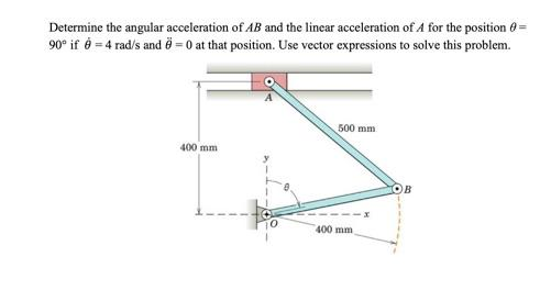 Determine the angular acceleration of AB and the linear acceleration of A for the position =
90° if 8 = 4 rad/s and = 0 at that position. Use vector expressions to solve this problem.
400 mm
500 mm
400 mm
OB