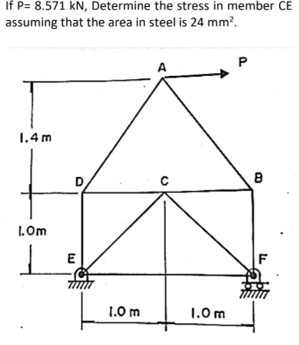 If P= 8.571 kN, Determine the stress in member CE
assuming that the area in steel is 24 mm?.
A
1.4 m
D
1.Om
1.0 m
1.0 m
