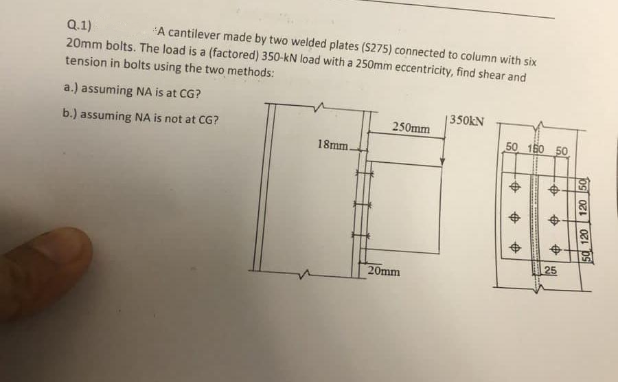 A cantilever made by two welded plates (S275) connected to column with six
Q.1)
20mm bolts. The load is a (factored) 350-kN load with a 250mm eccentricity, find shear and
tension in bolts using the two methods:
a.) assuming NA is at CG?
350KN
250mm
b.) assuming NA is not at CG?
50 150 50
18mm.
20
中
中
25
20mm
50 120
%24
中
