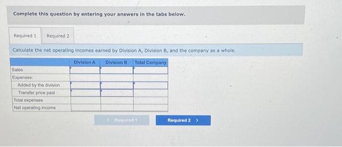 Complete this question by entering your answers in the tabs below.
Required 1 Required 2
Calculate the net operating incomes earned by Division A, Division B, and the company as a whole.
Division A
Division B Total Company
Sales
Expenses:
Added by the division.
Transfer price paid
Total expenses
Net operating income
Required 1
Required 2 >