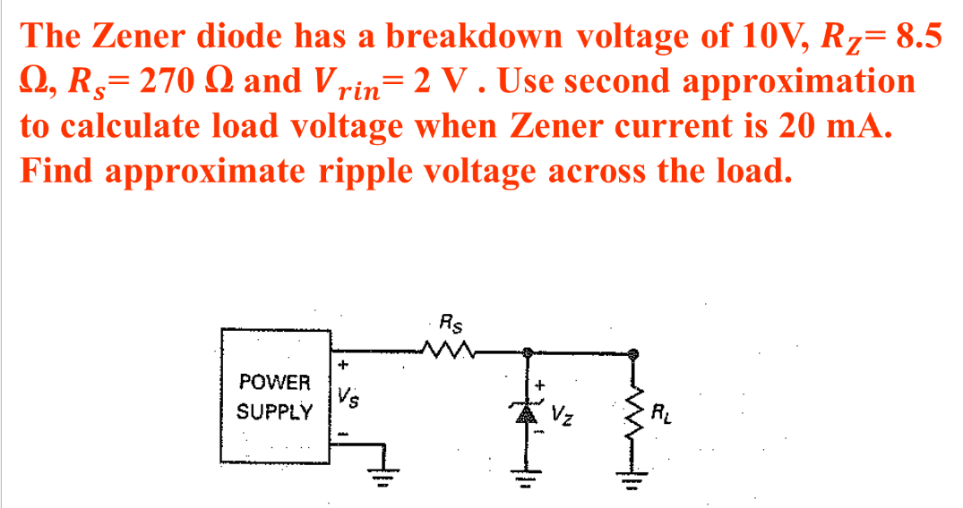 The Zener diode has a breakdown voltage of 10V, Rz= 8.5
Q, R,= 270 Q and Vrin= 2 V. Use second approximation
to calculate load voltage when Zener current is 20 mA.
Find approximate ripple voltage across the load.
+
POWER
SUPPLY
Vs
Rs
2
R₁