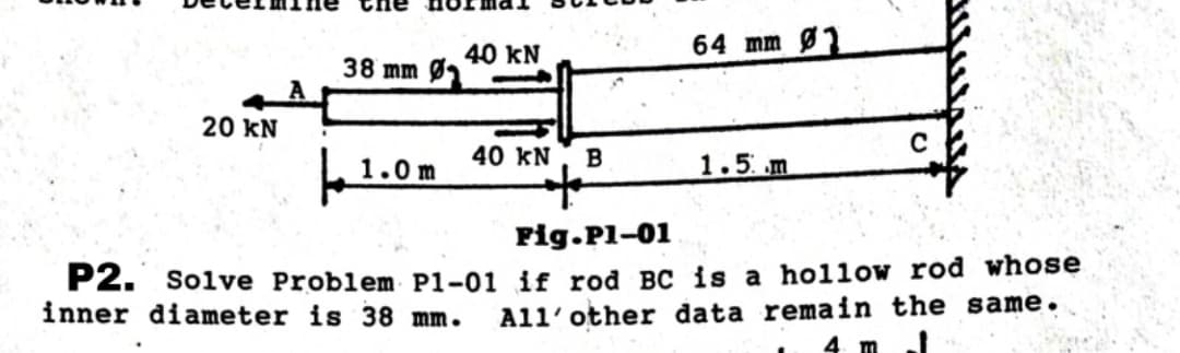 20 KN
.
38 mm Ø
1.0 m
40 KN
40 KN B
64 mm Ø1
1.5 m
C
Fig.pl-01
P2. Solve Problem P1-01 if rod BC is a hollow rod whose
inner diameter is 38 mm.
All' other data remain the same.
4 m