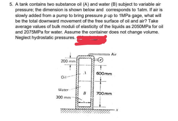 5. A tank contains two substance oil (A) and water (B) subject to variable air
pressure; the dimension is shown below and corresponds to 1atm. If air is
slowly added from a pump to bring pressure p up to 1MPA gage, what will
be the total downward movement of the free surface of oil and air? Take
average values of bulk moduli of elasticity of the liquids as 2050MPA for oil
and 2075MPA for water. Assume the container does not change volume.
Neglect hydrostatic pressures.
Air
200 mm
600mm
Oil-
Water
700 mm
300 mm
