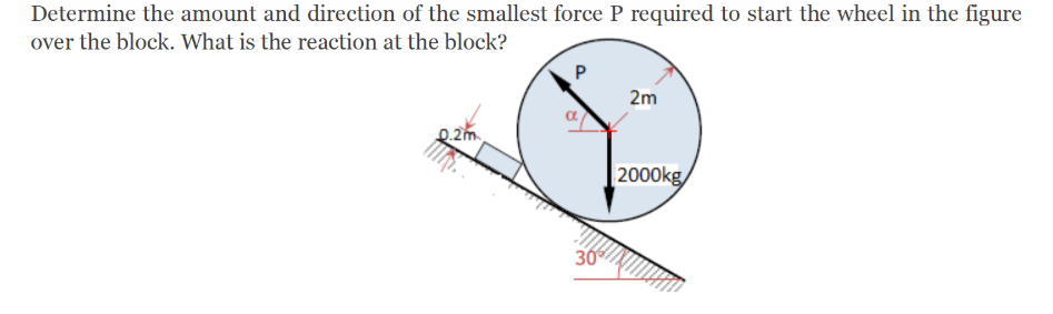 Determine the amount and direction of the smallest force P required to start the wheel in the figure
over the block. What is the reaction at the block?
0.2m
P
30%
2m
2000kg