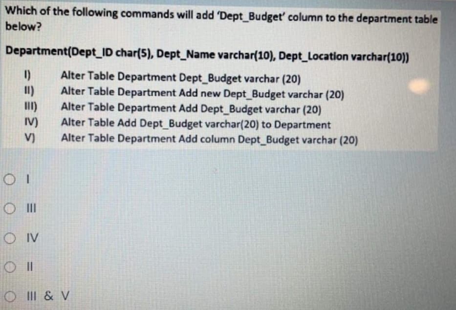 Which of the following commands will add 'Dept_Budget' column to the department table
below?
Department(Dept_ID char(5), Dept_Name varchar(10), Dept_Location varchar(10))
Alter Table Department Dept_Budget varchar (20)
Alter Table Department Add new Dept_Budget varchar (20)
Alter Table Department Add Dept_Budget varchar (20)
Alter Table Add Dept_Budget varchar(20) to Department
Alter Table Department Add column Dept_Budget varchar (20)
11)
III)
IV)
V)
O III
OIV
OII
O III & V