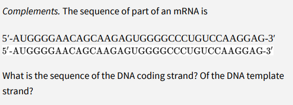 Complements. The sequence of part of an mRNA is
5'-AUGGGGAACAGCAAGAGUGGGGCCCUGUCCAAGGAG-3'
5'-AUGGGGAACAGCAAGAGUGGGGCCCUGUCCAAGGAG-3'
What is the sequence of the DNA coding strand? Of the DNA template
strand?
