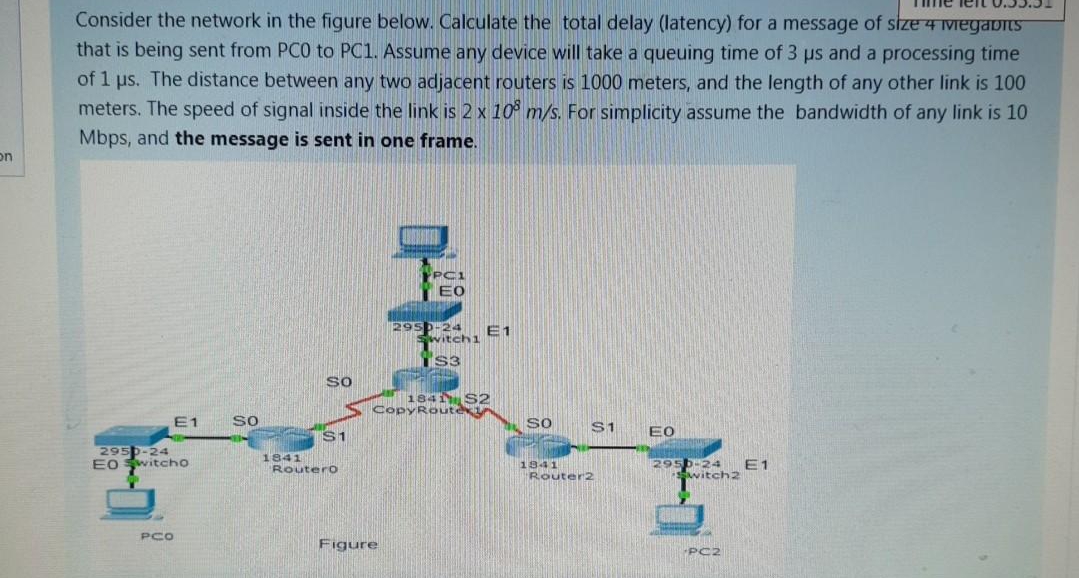 Tme lert O.53.J
Consider the network in the figure below. Calculate the total delay (latency) for a message of stze 4 Megabits
that is being sent from PCO to PC1. Assume any device will take a queuing time of 3 us and a processing time
of 1 us. The distance between any two adjacent routers is 1000 meters, and the length of any other link is 100
meters. The speed of signal inside the link is 2 x 10° m/s. For simplicity assume the bandwidth of any link is 10
Mbps, and the message is sent in one frame.
on
PC1
TEO
2950-24
E1
Switch1
IS3
SO
184 S2
CopyRoute
E1
SO
SO
S1
S1
EO
2950-24
EO witcho
1841
Router0
1941
Router2
295b-24
E1
witch2
PCO
Figure
PC2
