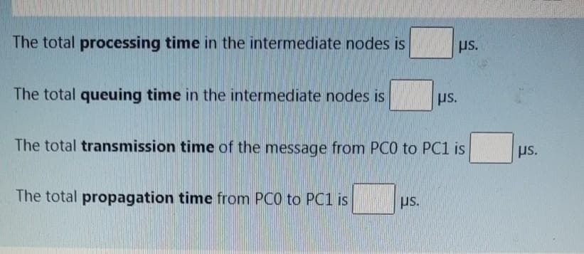 The total processing time in the intermediate nodes is
us.
The total queuing time in the intermediate nodes is
us.
The total transmission time of the message from PC0 to PC1 is
us.
The total propagation time from PC0 to PC1 is
us.
