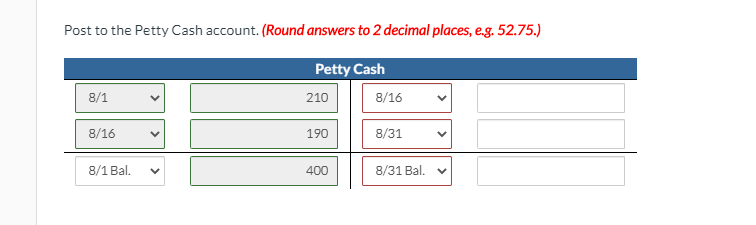 Post to the Petty Cash account. (Round answers to 2 decimal places, e.g. 52.75.)
Petty Cash
8/1
210
8/16
8/16
190
8/31
8/1 Bal.
400
8/31 Bal. v
