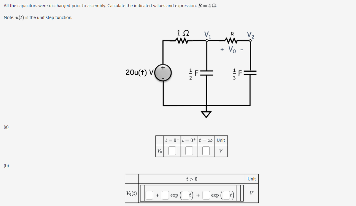 All the capacitors were discharged prior to assembly. Calculate the indicated values and expression. R = 4.
Note: u(t) is the unit step function.
(a)
(b)
20u(t) V
12
w
V₁
R
Vo
V₂
13
F
F
12
Vo
t=0t=0+ t = ∞ | Unit
V
t> 0
Unit
V
Vo(t)
+
exp
+
exp