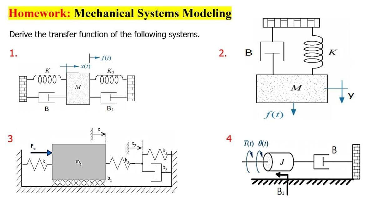 Homework: Mechanical Systems Modeling
Derive the transfer function of the following systems.
1.
2.
B
K
+ x(t)
K
K1
M
М
B1
f(t)
4
T(1) 0(1)
В
m,
b,
B1
00
Hilili
