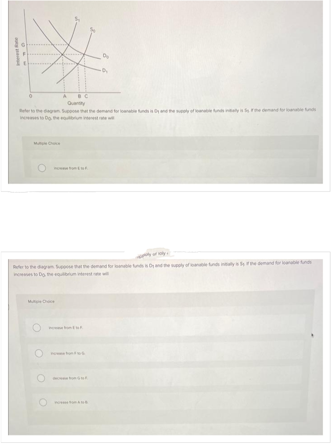 Interest Rate
0
Multiple Choice
A
BC
Quantity
Refer to the diagram. Suppose that the demand for loanable funds is D₁ and the supply of loanable funds initially is St. If the demand for loanable funds
Increases to Do, the equilibrium interest rate will
Multiple Choice
O
increase from E to F.
upply of loly.
Refer to the diagram. Suppose that the demand for loanable funds is D₁ and the supply of loanable funds initially is St. If the demand for loanable funds
increases to Do, the equilibrium interest rate will
increase from E to F
increase from F to G.
Do
decrease from G to F.
D₁
increase from A to B