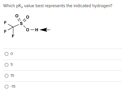 Which pk, value best represents the indicated hydrogen?
F
F
00
0 5
0=5-
O 15
O -15
S
O-H