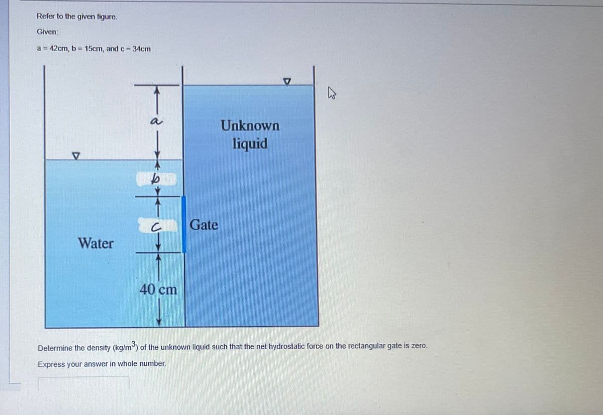Refer to the given figure.
Given:
a = 42cm, b = 15cm, and c = 34cm
V
Water
▬▬▬▬▬▬▬▬
40 cm
Gate
Unknown
liquid
K
Determine the density (kg/m³) of the unknown liquid such that the net hydrostatic force on the rectangular gate is zero.
Express your answer in whole number.