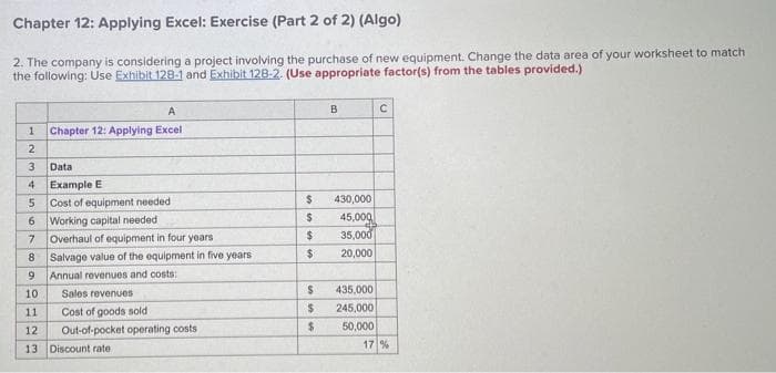 Chapter 12: Applying Excel: Exercise (Part 2 of 2) (Algo)
2. The company is considering a project involving the purchase of new equipment. Change the data area of your worksheet to match
the following: Use Exhibit 128-1 and Exhibit 128-2. (Use appropriate factor(s) from the tables provided.)
A
B.
Chapter 12: Applying Excel
2
Data
4
Example E
Cost of equipment needed
430,000
45,000
35,000
20,000
6.
Working capital needed
Overhaul of equipment in four years
8.
Salvage value of the equipment in five years
$4
9.
Annual revenues and costs:
435,000
10
Sales revenues
11
Cost of goods sold
245,000
Out-of-pocket operating costs
%24
50,000
12
13
Discount rate
17 %
