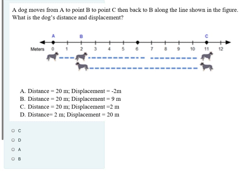 A dog moves from A to point B to point C then back to B along the line shown in the figure.
What is the dog's distance and displacement?
в
Meters
2 3 4
5
6 7 8 9 10 11. 12
A. Distance = 20 m; Displacement = -2m
B. Distance = 20 m; Displacement = 9 m
C. Distance = 20 m; Displacement =2 m
D. Distance= 2 m; Displacement = 20 m
O A
O B
D.
