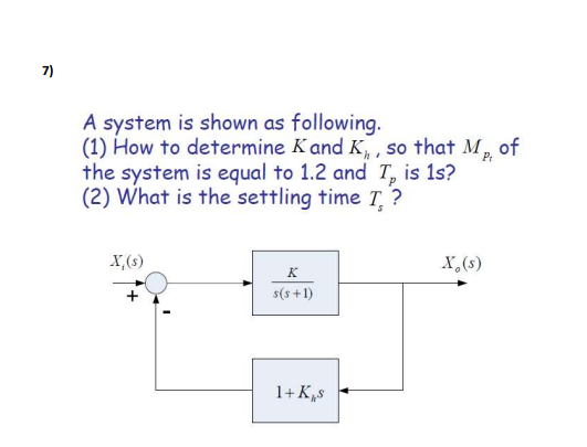 7)
A system is shown as following.
(1) How to determine Kand K, , so that M
the system is equal to 1.2 and T, is 1s?
(2) What is the settling time T, ?
of
X,(s)
X,(s)
K
s(s +1)
1+K„s
