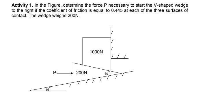 Activity 1. In the Figure, determine the force P necessary to start the V-shaped wedge
to the right if the coefficient of friction is equal to 0.445 at each of the three surfaces of
contact. The wedge weighs 200N.
1000N
P
200N
30
15
