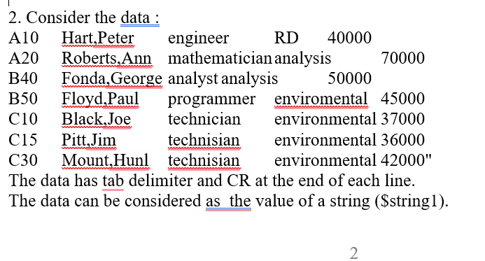 2. Consider the data :
A10 Hart, Peter
A20
B40 Fonda, George analyst analysis
B50 Floyd,Paul programmer
C10
Black, Joe
technician
C15
Pitt, Jim
technisian
C30 Mount.Hunl technisian
The data has tab delimiter and CR at the end of each line.
The data can be considered as the value of a string ($string1).
Roberts.Ann
engineer
mathematician analysis
RD 40000
70000
50000
enviromental 45000
environmental 37000
environmental 36000
environmental 42000"
2