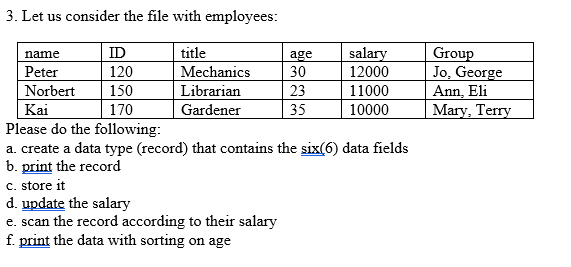 3. Let us consider the file with employees:
title
Mechanics
Librarian
Gardener
name
Peter
Norbert
ID
120
150
170
age
30
23
35
salary
12000
11000
10000
Kai
Please do the following:
a. create a data type (record) that contains the six(6) data fields
b. print the record
c. store it
d. update the salary
e. scan the record according to their salary
f. print the data with sorting on age
Group
Jo, George
Ann, Eli
Mary, Terry
