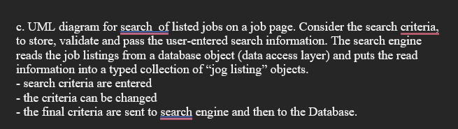 c. UML diagram for search of listed jobs on a job page. Consider the search criteria,
to store, validate and pass the user-entered search information. The search engine
reads the job listings from a database object (data access layer) and puts the read
information into a typed collection of "jog listing" objects.
- search criteria are entered
- the criteria can be changed
- the final criteria are sent to search engine and then to the Database.