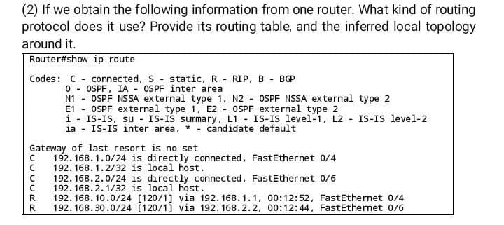 (2) If we obtain the following information from one router. What kind of routing
protocol does it use? Provide its routing table, and the inferred local topology
around it.
Router#show ip route
Codes: C connected, S static, R RIP, B BGP
0
OSPF, IA OSPF inter area
-
N1
-
OSPF NSSA external type 1, N2
-
OSPF NSSA external type 2
E1
OSPF external type 1, E2
OSPF external type 2
i
IS-IS, su - IS-IS summary, L1 IS-IS level-1, L2 IS-IS level-2
-
-
ia - IS-IS inter area, * - candidate default
Gateway of last resort is no set
192.168.1.0/24 is directly connected, FastEthernet 0/4
192.168.1.2/32 is local host.
C
C
192.168.2.0/24 is directly connected, FastEthernet 0/6
192.168.2.1/32 is local host.
C
R 192.168.10.0/24 [120/1] via 192.168.1.1, 00:12:52, FastEthernet 0/4
R 192.168.30.0/24 [120/1] via 192.168.2.2, 00:12:44, FastEthernet 0/6
CUCURR
с