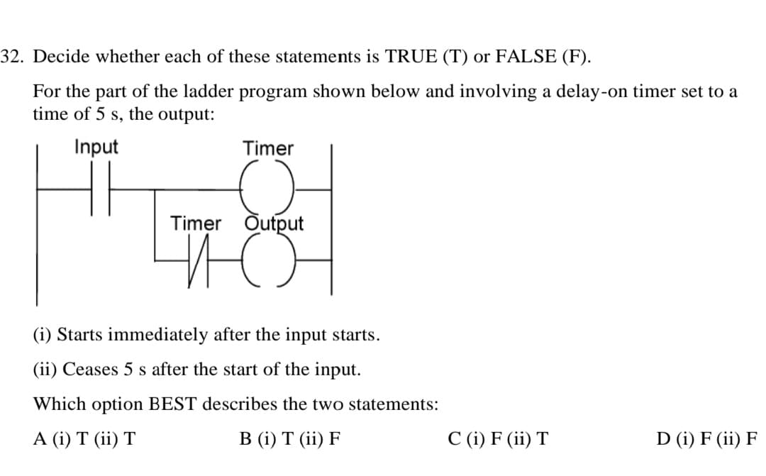 32. Decide whether each of these statements is TRUE (T) or FALSE (F).
For the part of the ladder program shown below and involving a delay-on timer set to a
time of 5 s, the output:
Input
Timer
Timer Output
TO
(i) Starts immediately after the input starts.
(ii) Ceases 5 s after the start of the input.
Which option BEST describes the two statements:
A (i) T (ii) T
B (i) T (ii) F
C (i) F (ii) T
D (i) F (ii) F