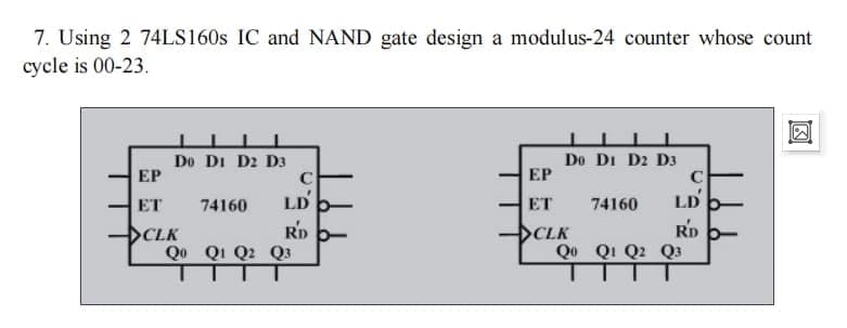 7. Using 2 74LS160S IC and NAND gate design a modulus-24 counter whose count
cycle is 00-23.
Do DI D2 D3
EP
Do DI D2 D3
C
C
ЕР
ET
74160
LD
ET
74160
LD
RD
RD
CLK
Qo Qi Q2 Q3
CLK
Qo Qi Q2 Q3

