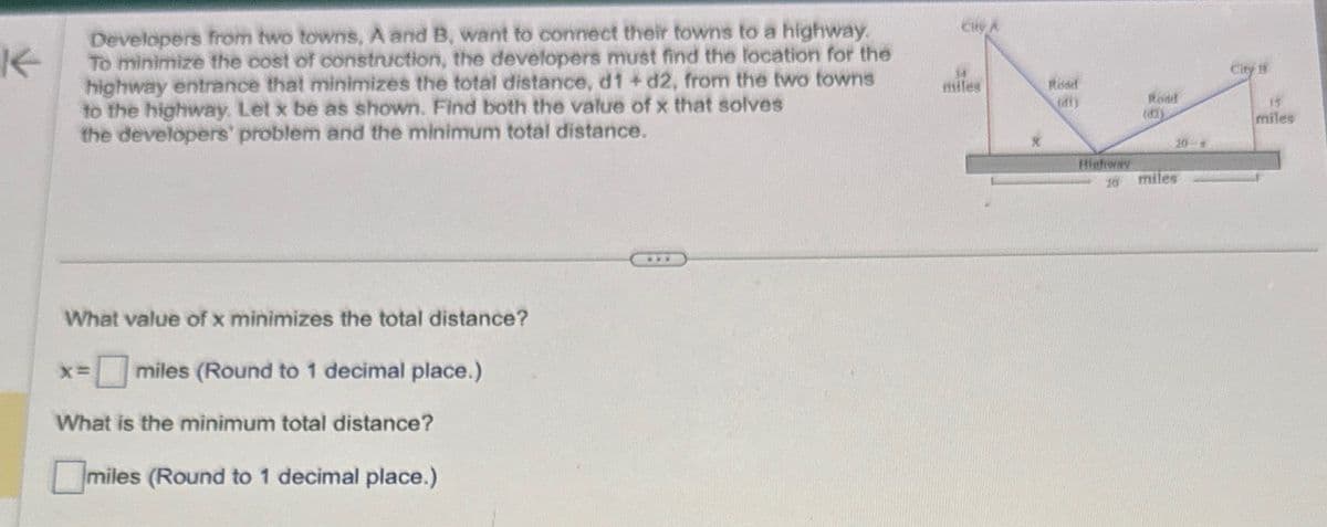 K
Developers from two towns, A and B, want to connect their towns to a highway.
To minimize the cost of construction, the developers must find the location for the
highway entrance that minimizes the total distance, d1 + d2, from the two towns
to the highway. Let x be as shown. Find both the value of x that solves
the developers' problem and the minimum total distance.
What value of x minimizes the total distance?
x=
miles (Round to 1 decimal place.)
What is the minimum total distance?
☐ miles (Round to 1 decimal place.)
City A
14
City
miles
Road
(aty
Road
(1)
15
miles
10-*
Highway
10
miles