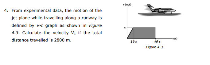v (m/s)
4. From experimental data, the motion of the
jet plane while travelling along a runway is
defined by v-t graph as shown in Figure
4.3. Calculate the velocity V1 if the total
distance travelled is 2800 m.
10 s
40 s
Figure 4.3
