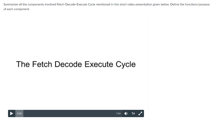 Summarize all the components involved Fetch-Decode-Execute Cycle mentioned in this short video presentation given below. Define the functions/purpose
of each component.
The Fetch Decode Execute Cycle
7:54 ) 1x
0:00
