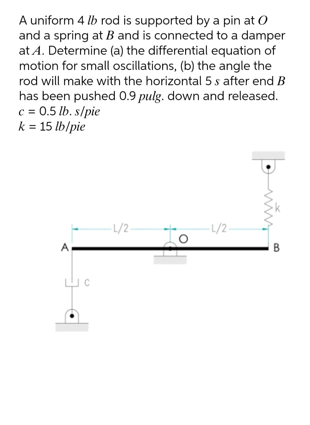 A uniform 4 lb rod is supported by a pin at 0
and a spring at B and is connected to a damper
at A. Determine (a) the differential equation of
motion for small oscillations, (b) the angle the
rod will make with the horizontal 5 s after end B
has been pushed 0.9 pulg. down and released.
c = 0.5 lb. s/pie
k = 15 lb/pie
L/2.
L/2
A

