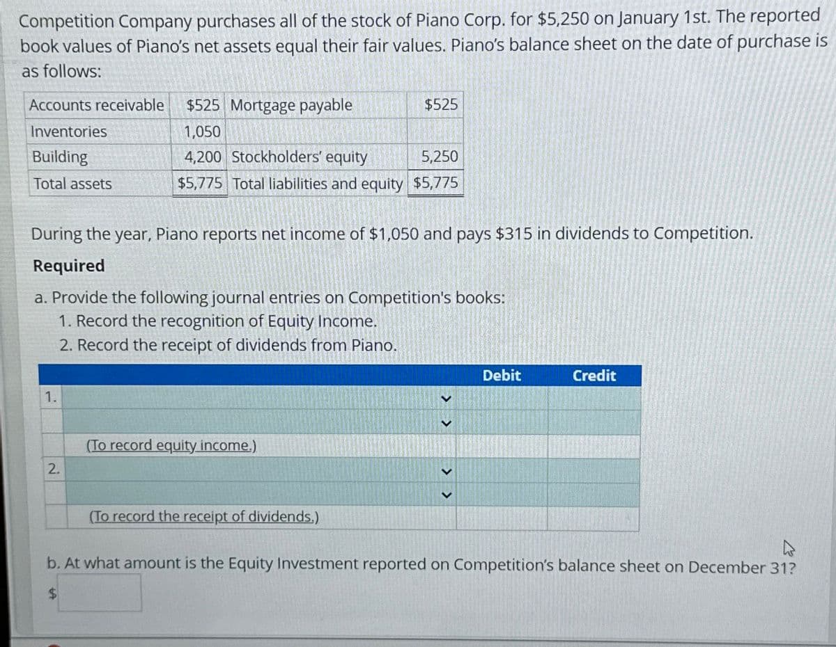 Competition Company purchases all of the stock of Piano Corp. for $5,250 on January 1st. The reported
book values of Piano's net assets equal their fair values. Piano's balance sheet on the date of purchase is
as follows:
Accounts receivable $525 Mortgage payable
Inventories
1,050
Building
4,200 Stockholders' equity
5,250
Total assets
$5,775 Total liabilities and equity $5,775
During the year, Piano reports net income of $1,050 and pays $315 in dividends to Competition.
Required
a. Provide the following journal entries on Competition's books:
1. Record the recognition of Equity Income.
2. Record the receipt of dividends from Piano.
1.
2.
(To record equity income.)
$525
(To record the receipt of dividends.)
Debit
Credit
b. At what amount is the Equity Investment reported on Competition's balance sheet on December 31?
$