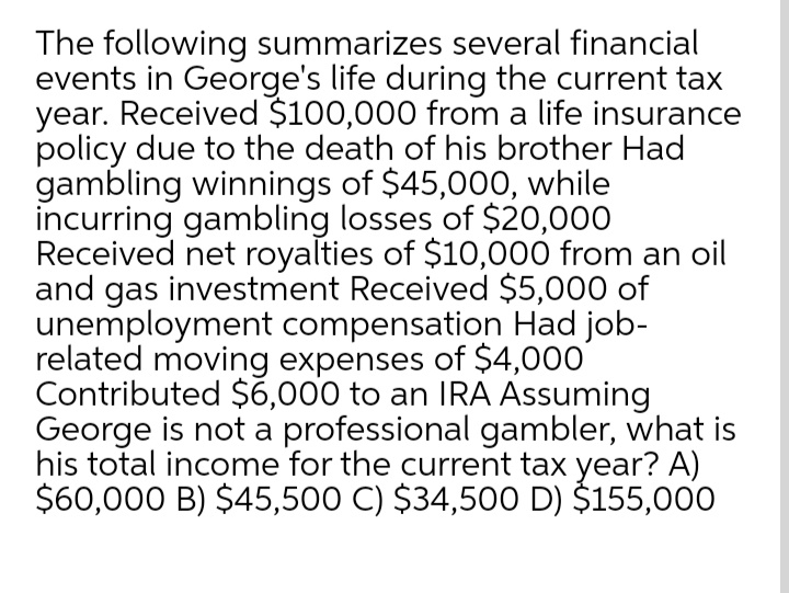 The following summarizes several financial
events in George's life during the current tax
year. Received $100,000 from a life insurance
policy due to the death of his brother Had
gambling winnings of $45,000, while
incurring gambling losses of $20,000
Received net royalties of $10,000 from an oil
and gas investment Received $5,000 of
unemployment compensation Had job-
related moving expenses of $4,000
Contributed $6,000 to an IRA Assuming
George is not a professional gambler, what is
his total income for the current tax year? A)
$60,000 B) $45,500 C) $34,500 D) $155,000
