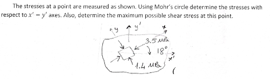 The stresses at a point are measured as shown. Using Mohr's circle determine the stresses with
respect to x' - y' axes. Also, determine the maximum possible shear stress at this point.
„3.5 MPa
18°
'4.4 MPa
