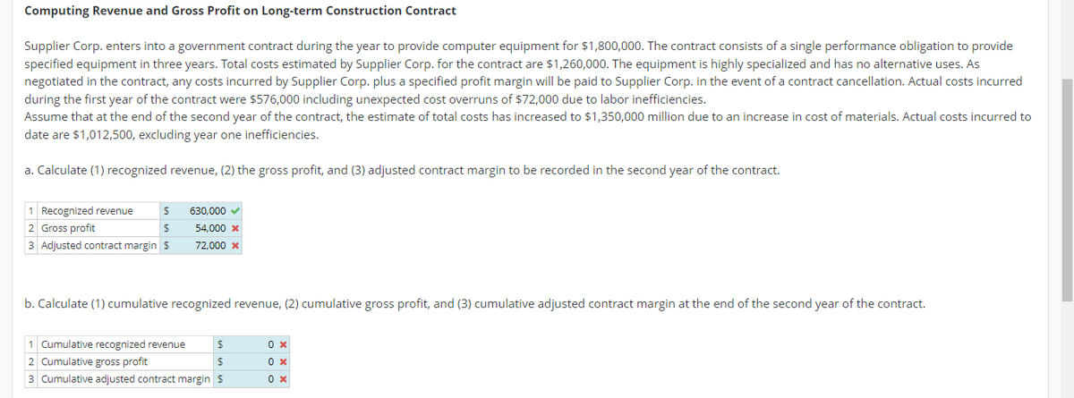 Computing Revenue and Gross Profit on Long-term Construction Contract
Supplier Corp. enters into a government contract during the year to provide computer equipment for $1,800,000. The contract consists of a single performance obligation to provide
specified equipment in three years. Total costs estimated by Supplier Corp. for the contract are $1,260,000. The equipment is highly specialized and has no alternative uses. As
negotiated in the contract, any costs incurred by Supplier Corp. plus a specified profit margin will be paid to Supplier Corp. in the event of a contract cancellation. Actual costs incurred
during the first year of the contract were $576,000 including unexpected cost overruns of $72,000 due to labor inefficiencies.
Assume that at the end of the second year of the contract, the estimate of total costs has increased to $1,350,000 million due to an increase in cost of materials. Actual costs incurred to
date are $1,012,500, excluding year one inefficiencies.
a. Calculate (1) recognized revenue, (2) the gross profit, and (3) adjusted contract margin to be recorded in the second year of the contract.
1 Recognized revenue $
2 Gross profit
$
3 Adjusted contract margin $
630,000 ✓
54,000 x
72,000 *
b. Calculate (1) cumulative recognized revenue, (2) cumulative gross profit, and (3) cumulative adjusted contract margin at the end of the second year of the contract.
1 Cumulative recognized revenue
$
2 Cumulative gross profit
$
3 Cumulative adjusted contract margin $
0 x
0 x
0x