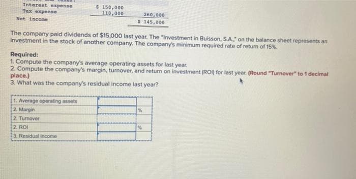 Interest expense
Tax expense
Net income
$ 150,000
110,000
260,000
$ 145,000
The company paid dividends of $15,000 last year. The "Investment in Buisson, S.A.," on the balance sheet represents an
investment in the stock of another company. The company's minimum required rate of return of 15%.
Required:
1. Compute the company's average operating assets for last year.
2. Compute the company's margin, turnover, and return on investment (ROI) for last year. (Round "Turnover" to 1 decimal
place.)
3. What was the company's residual income last year?
1. Average operating assets
%
2. Margin
2. Turnover
2. ROI
%
3. Residual income