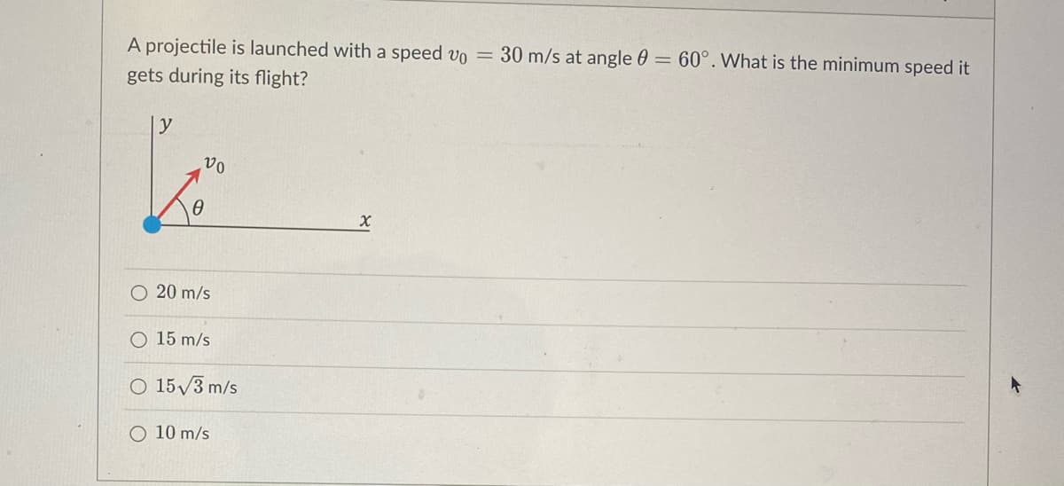 A projectile is launched with a speed vo = 30 m/s at angle = 60°. What is the minimum speed it
gets during its flight?
vo
Ꮎ
X
O 20 m/s
O 15 m/s
O 15√3 m/s
O 10 m/s