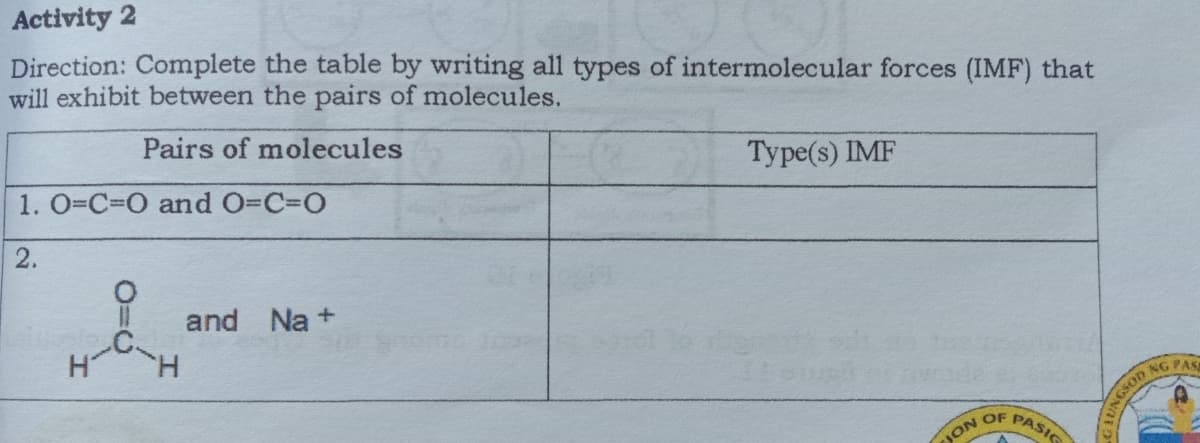 Activity 2
Direction: Complete the table by writing all types of intermolecular forces (IMF) that
will exhibit between the pairs of molecules.
Pairs of molecules
Type(s) IMF
1. O=C%3O and O-C3D0
2.
%3D
and Na +
H.
PASIG
JON OF
