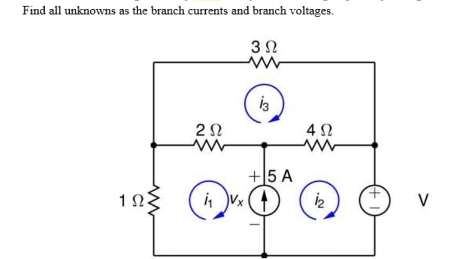 Find all unknowns as the branch currents and branch voltages.
3 N
4 N
+5 A
i Vx
V
(+1)
