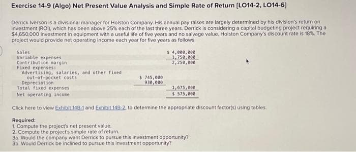 Exercise 14-9 (Algo) Net Present Value Analysis and Simple Rate of Return [LO14-2, LO14-6]
Derrick Iverson is a divisional manager for Holston Company. His annual pay raises are largely determined by his division's return on
Investment (ROI), which has been above 25% each of the last three years. Derrick is considering a capital budgeting project requiring a
$4,650,000 investment in equipment with a useful life of five years and no salvage value. Holston Company's discount rate is 18%. The
project would provide net operating income each year for five years as follows:
Sales
Variable expenses
Contribution margin.
Fixed expenses:
Advertising, salaries, and other fixed
out-of-pocket costs
$ 745,000
930,000
$ 4,000,000
1,750,000
2,250,000
Depreciation
Total fixed expenses
Net operating income
Click here to view Exhibit 148-1 and Exhibit 148-2. to determine the appropriate discount factor(s) using tables.
Required:
1. Compute the project's net present value.
2. Compute the project's simple rate of return.
3a. Would the company want Derrick to pursue this investment opportunity?
3b. Would Derrick be inclined to pursue this investment opportunity?
1,675,000
$575,000
