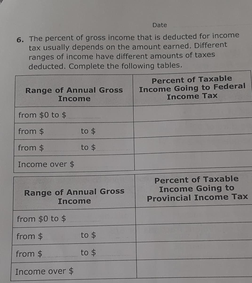 Date
6. The percent of gross income that is deducted for income
tax usually depends on the amount earned. Different
ranges of income have different amounts of taxes
deducted. Complete the following tables.
Range of Annual Gross
Income
Percent of Taxable
Income Going to Federal
Income Tax
from $0 to $
from $
to $
from $
to $
Income over $
Percent of Taxable
Range of Annual Gross
Income Going to
Income
Provincial Income Tax
from $0 to $
from $
from $
Income over $
to $
to $