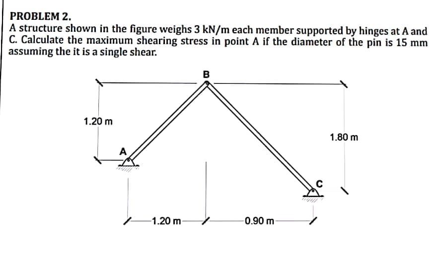 PROBLEM 2.
A structure shown in the figure weighs 3 kN/m each member supported by hinges at A and
C. Calculate the maximum shearing stress in point A if the diameter of the pin is 15 mm
assuming the it is a single shear.
B
1.20 m
1.80 m
A
-1.20 m-
-0.90 m
